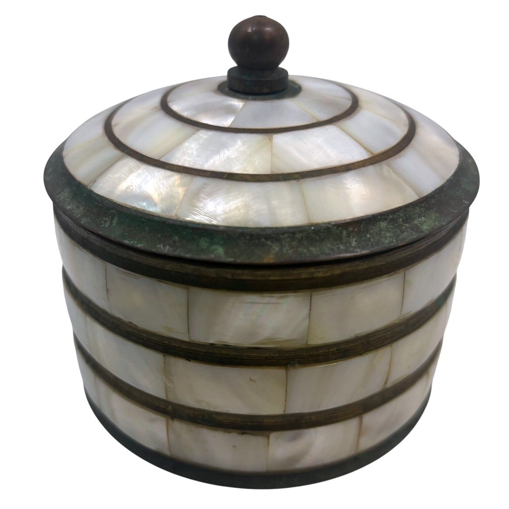 Vtg Mother of Pearl Inlay Brass Trinket Box Round India Mosaic Jewelry Dish